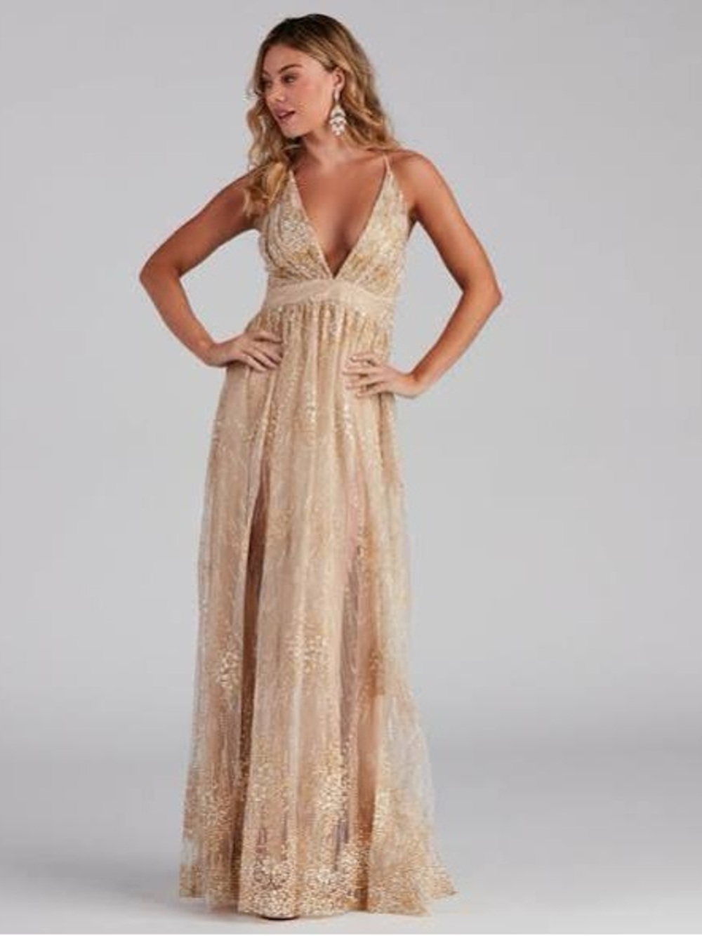 NWT Windsor Plunging Glitter Dress | Size L | Champagne Glitter Sequins Tull